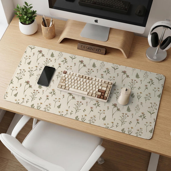 Desk mat with a sage green background, tiny wildflowers, and a vintage botanical floral pattern.