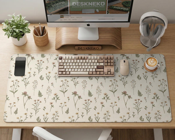 Desk mat with a sage green background, tiny wildflowers, and a vintage botanical floral pattern.