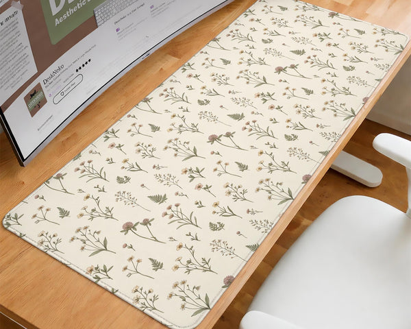 Desk mat with a sage green background, tiny wildflowers, and a vintage botanical floral pattern.