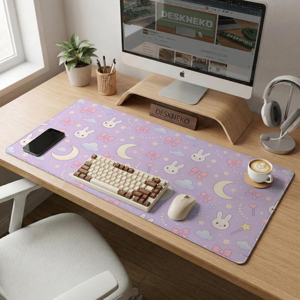 Lavender desk mat with an all-over pattern of bunny faces, clouds, moons, bows, and flowers in pastel colors.