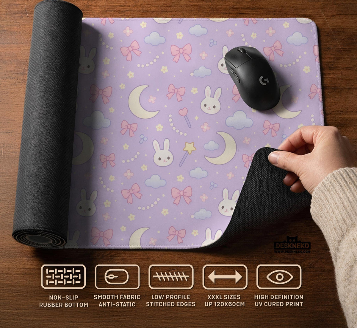 Pastel lavender desk mat with an all-over pattern of bunnies, crescent moons, clouds, bows, stars, and small flowers.