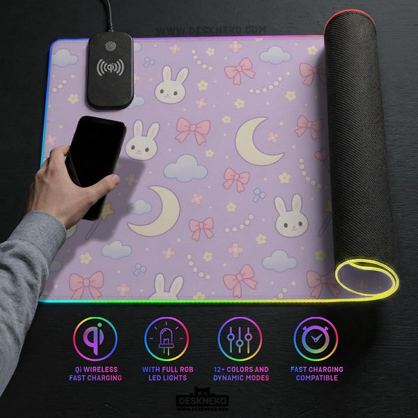 Pastel lavender desk mat with an all-over pattern of bunnies, crescent moons, clouds, bows, stars, and small flowers.