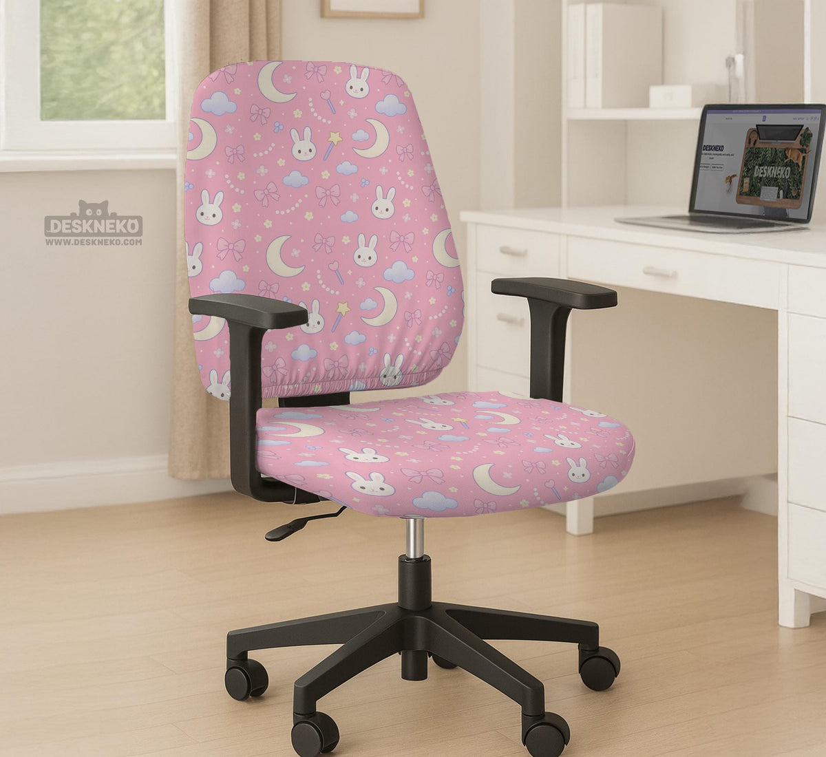 Pastel desk chair covers with a bunny print, clouds, moons, bows, stars, and small kawaii character details shown in multiple fit options.