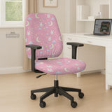 Pastel desk chair covers with a bunny print, clouds, moons, bows, stars, and small kawaii character details shown in multiple fit options.