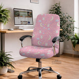 Pastel desk chair covers with a bunny print, clouds, moons, bows, stars, and small kawaii character details shown in multiple fit options.