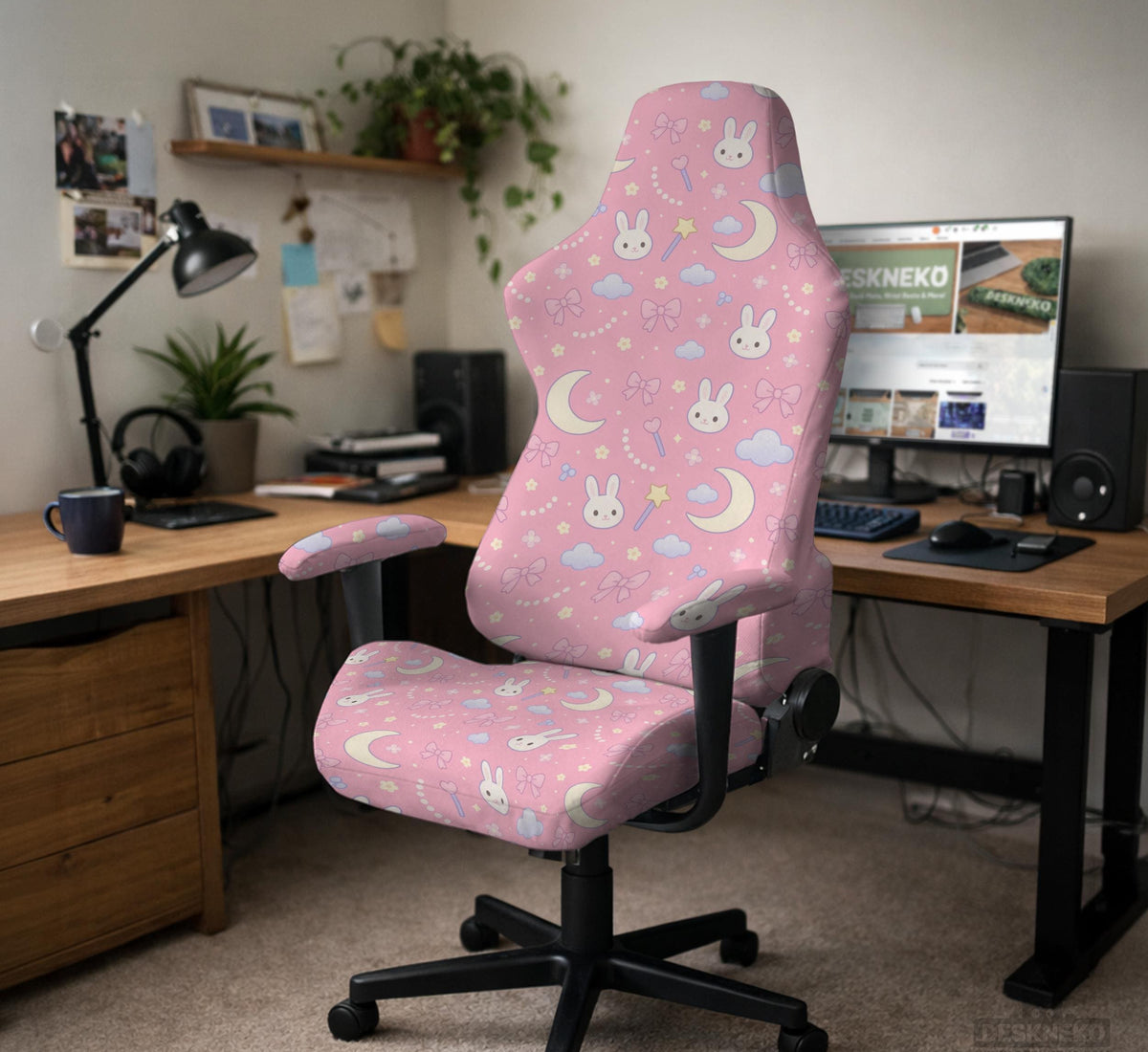 Pastel desk chair covers with a bunny print, clouds, moons, bows, stars, and small kawaii character details shown in multiple fit options.