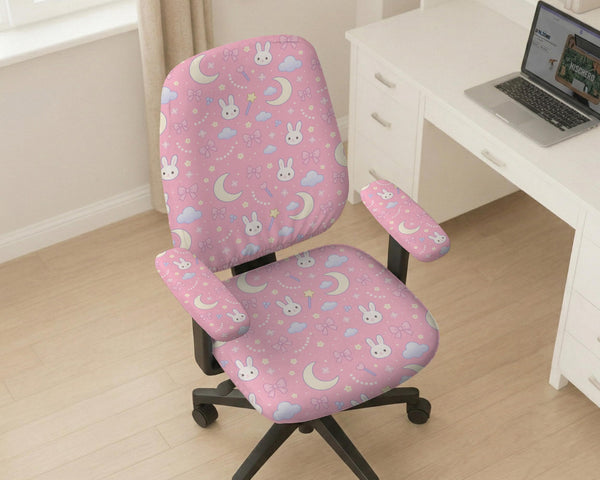 Pastel desk chair covers with a bunny print, clouds, moons, bows, stars, and small kawaii character details shown in multiple fit options.