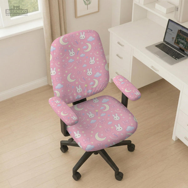 Pastel desk chair covers with a bunny print, clouds, moons, bows, stars, and small kawaii character details shown in multiple fit options.