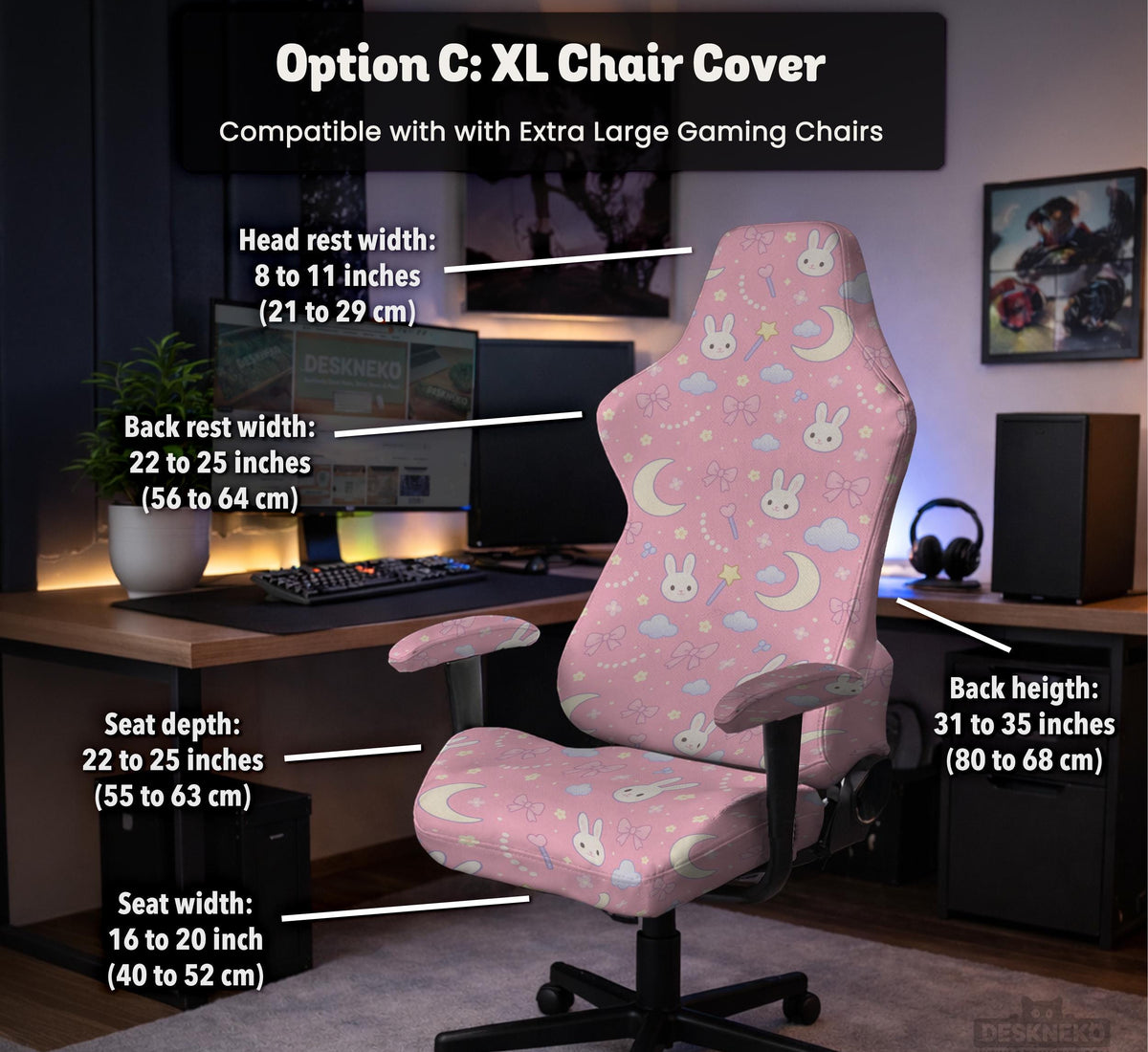 Pastel desk chair covers with a bunny print, clouds, moons, bows, stars, and small kawaii character details shown in multiple fit options.