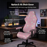 Pink chair cover with bunny faces, crescent moons, clouds, and bows on a white chair.