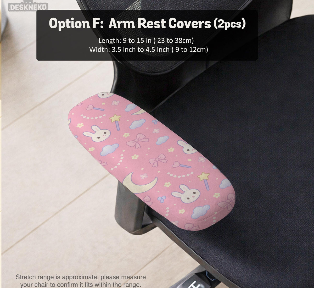 Pastel desk chair covers with a bunny print, clouds, moons, bows, stars, and small kawaii character details shown in multiple fit options.