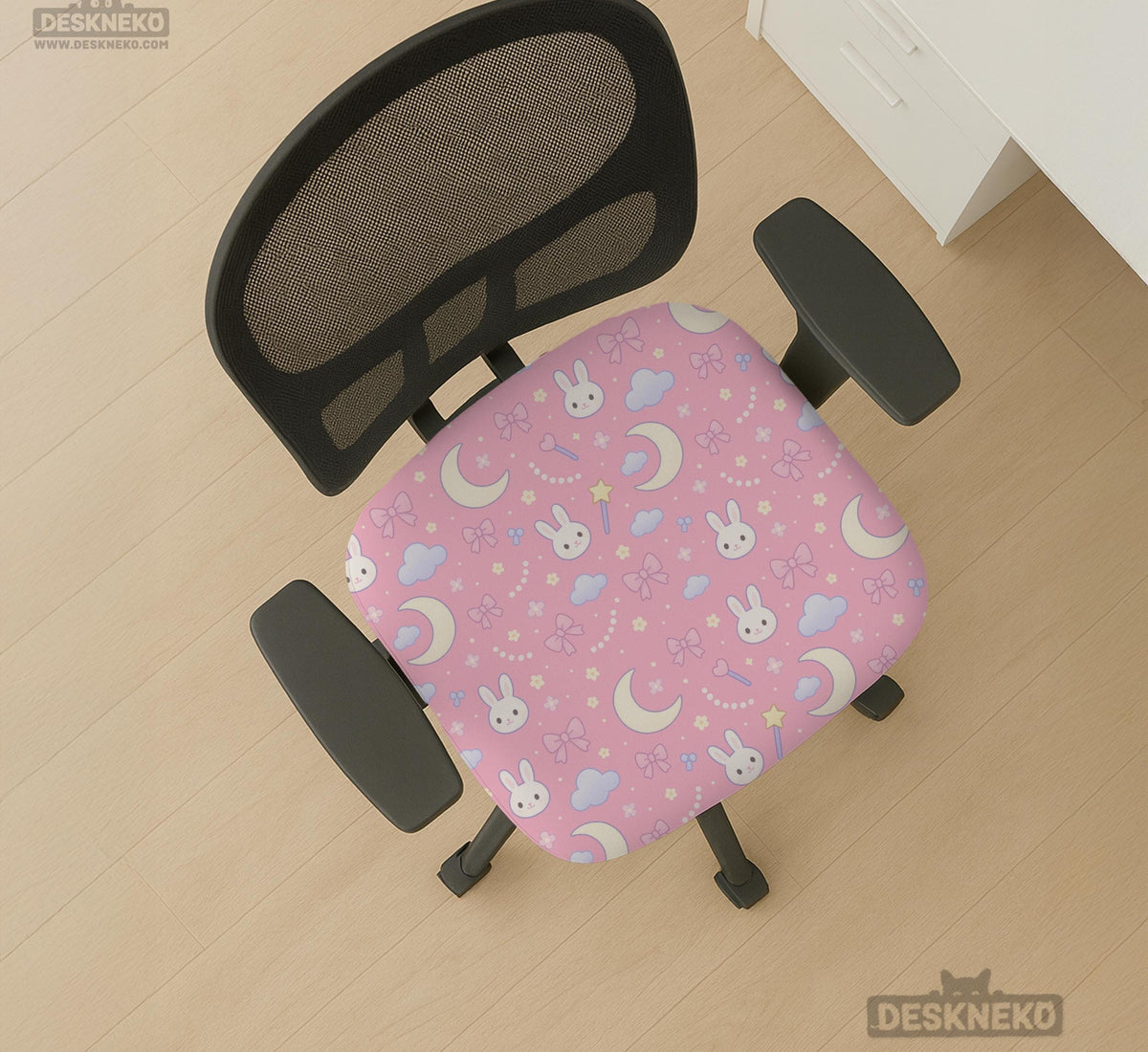 Pastel desk chair covers with a bunny print, clouds, moons, bows, stars, and small kawaii character details shown in multiple fit options.