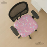 Pastel desk chair covers with a bunny print, clouds, moons, bows, stars, and small kawaii character details shown in multiple fit options.
