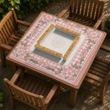 Pink gingham mahjong mat with a floral border, cherry blossom details, and a bow design around a plain center play area.