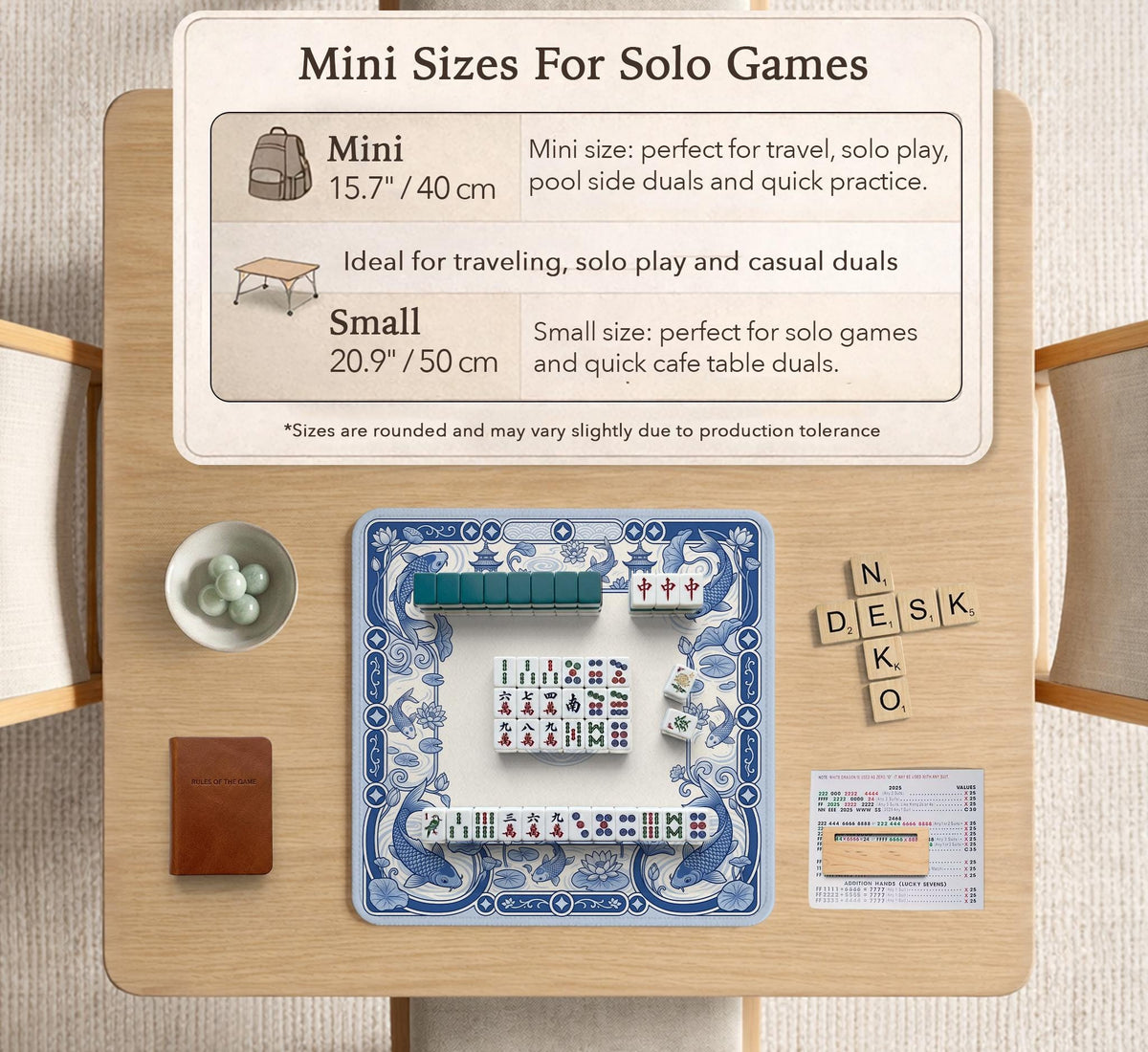 Blue and white square mahjong mat with a koi fish and lotus border design and a plain center area.