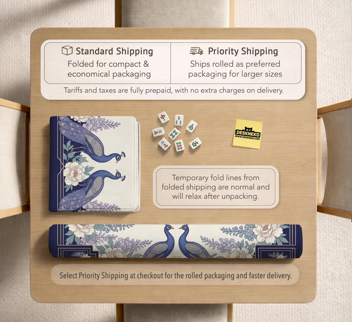 Blue mahjong table mat with a peacock and floral border, ivory center, lavender flowers, and scalloped edges.