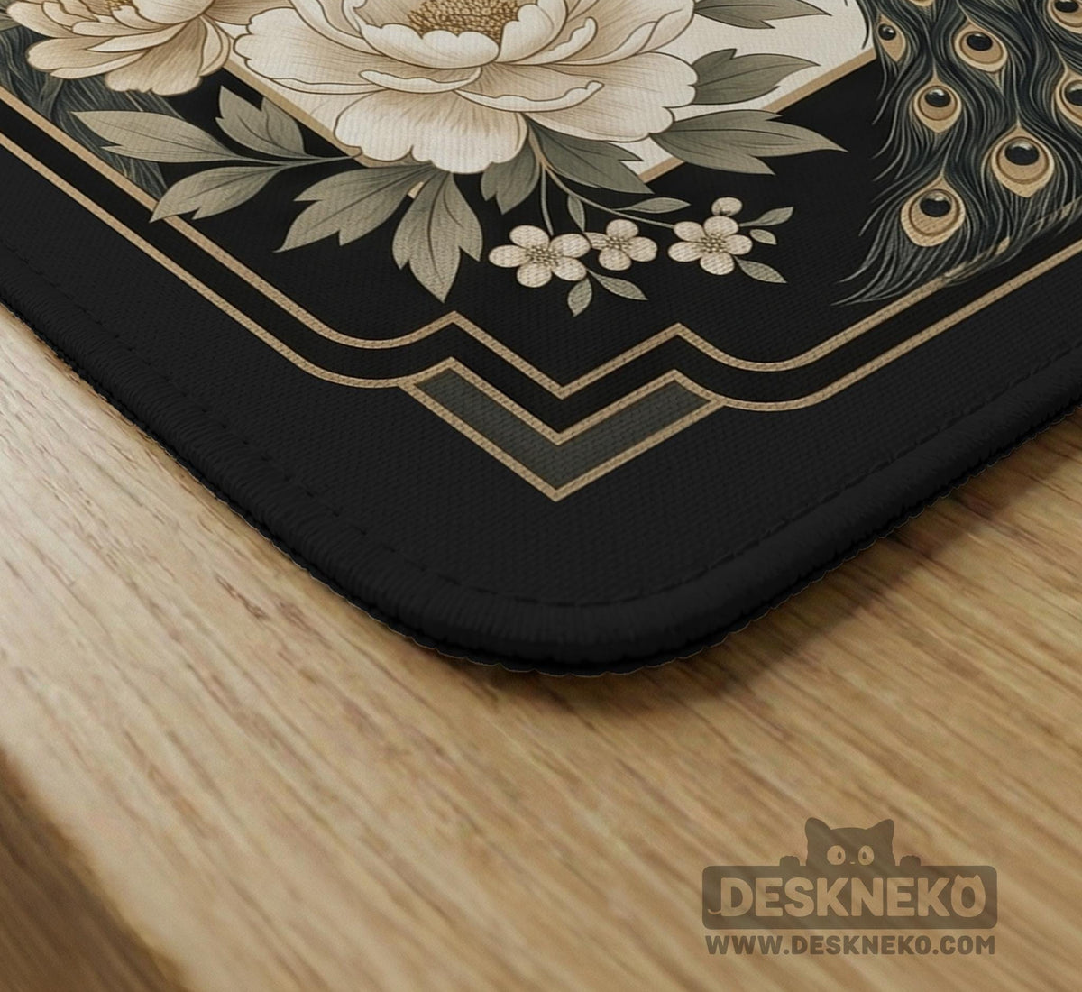Cream mahjong table mat with a chinoiserie floral border, dark peacocks, soft gold linework, and an open center area.