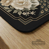 Cream mahjong table mat with a chinoiserie floral border, dark peacocks, soft gold linework, and an open center area.