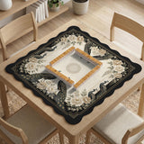 Cream mahjong table mat with a chinoiserie floral border, dark peacocks, soft gold linework, and an open center area.