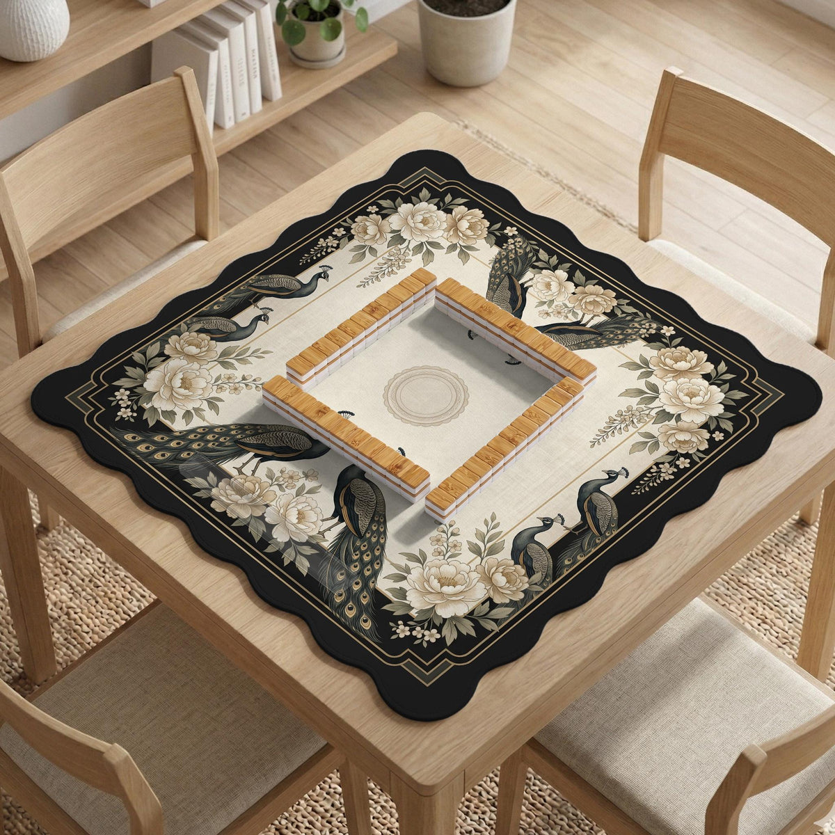 Square ivory mahjong mat with a black peacock border, cream flowers, and gold accent details.