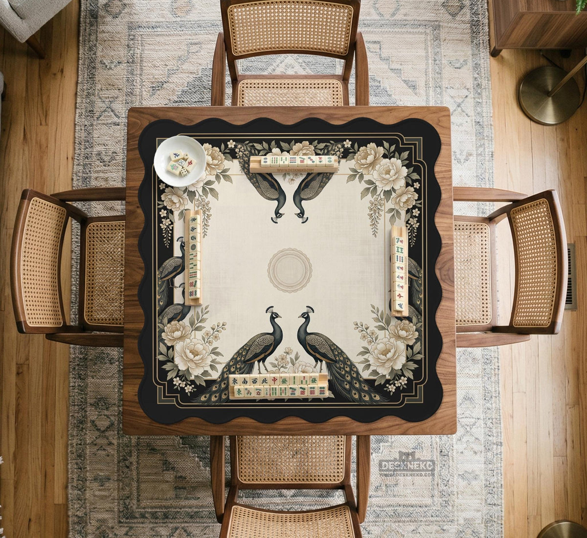 Cream mahjong table mat with a chinoiserie floral border, dark peacocks, soft gold linework, and an open center area.