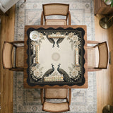 Cream mahjong table mat with a chinoiserie floral border, dark peacocks, soft gold linework, and an open center area.