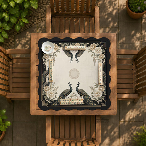 Square ivory mahjong mat with a black peacock border, cream flowers, and gold accent details.
