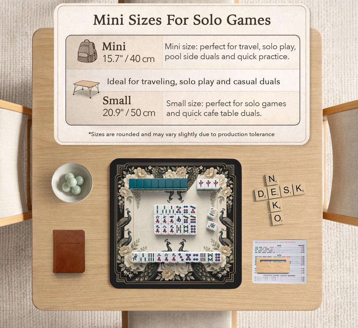 Cream mahjong table mat with a chinoiserie floral border, dark peacocks, soft gold linework, and an open center area.