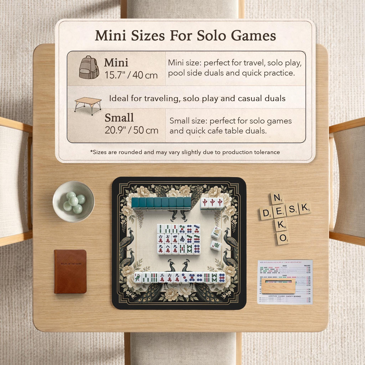 Cream mahjong table mat with a chinoiserie floral border, dark peacocks, soft gold linework, and an open center area.