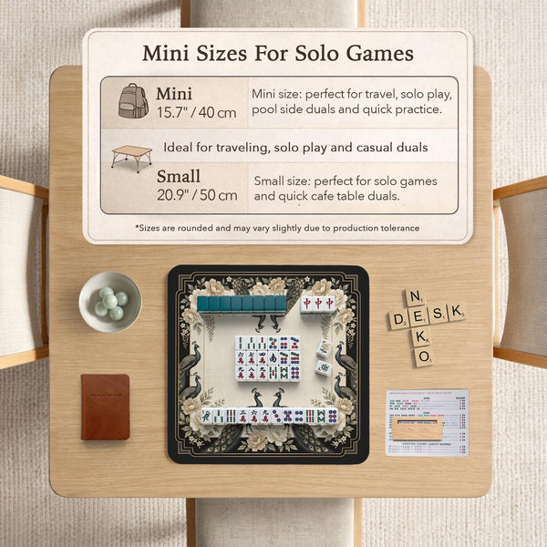Square ivory mahjong mat with a black peacock border, cream flowers, and gold accent details.