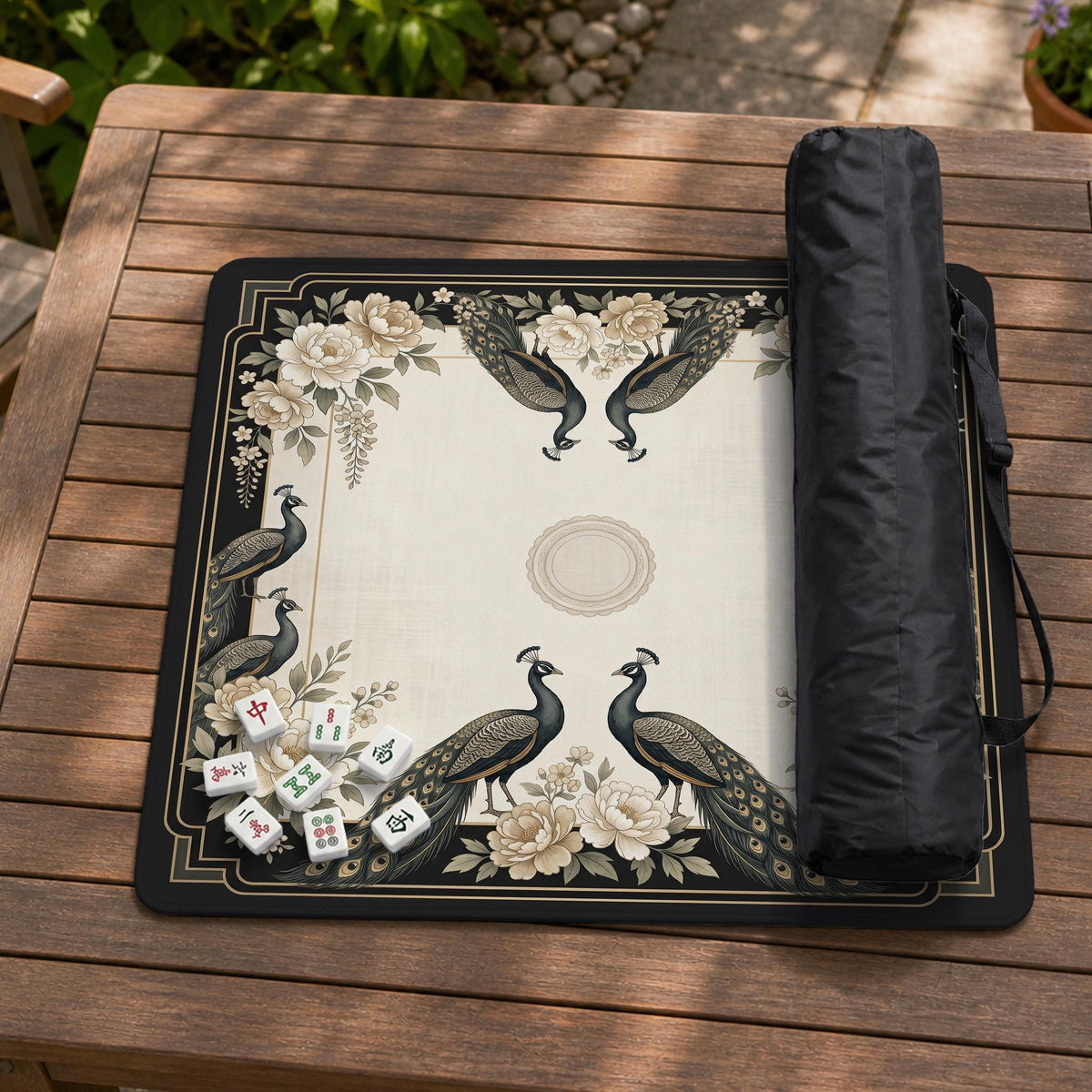 Cream mahjong table mat with a chinoiserie floral border, dark peacocks, soft gold linework, and an open center area.