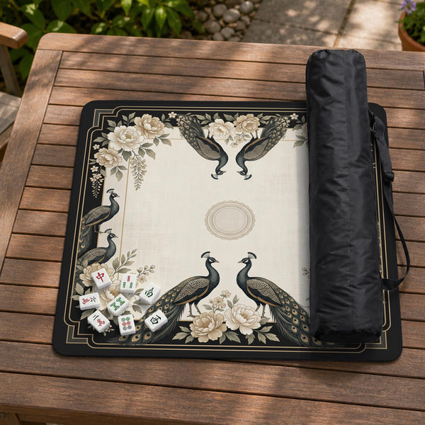 Cream mahjong table mat with a chinoiserie floral border, dark peacocks, soft gold linework, and an open center area.