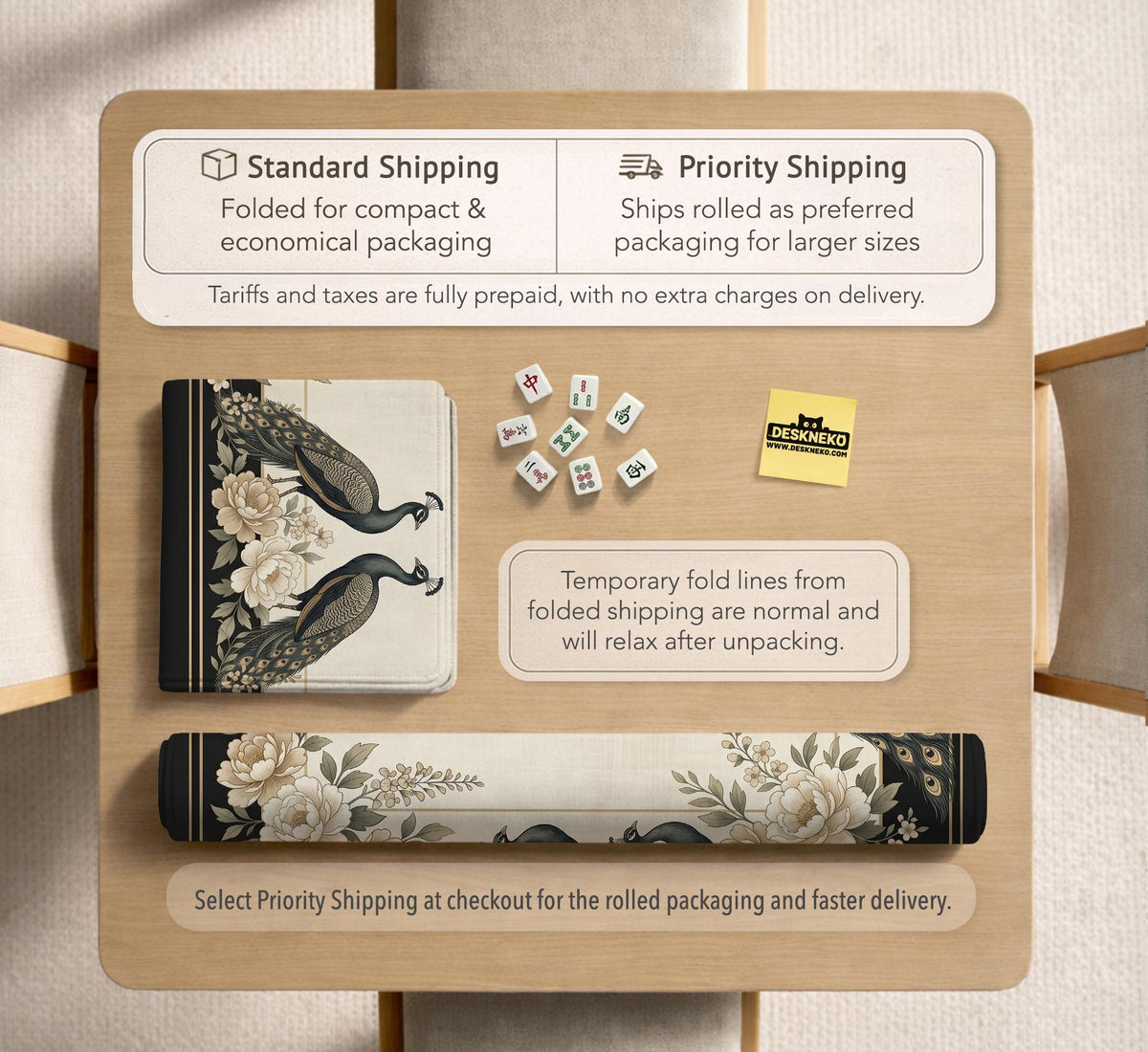 Cream mahjong table mat with a chinoiserie floral border, dark peacocks, soft gold linework, and an open center area.