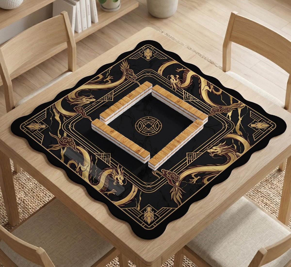 Square black mahjong mat with gold dragon artwork around the border and a light marble texture in the center.