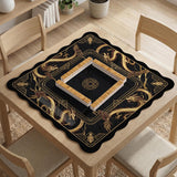 Square black mahjong mat with gold dragon artwork around the border and a light marble texture in the center.