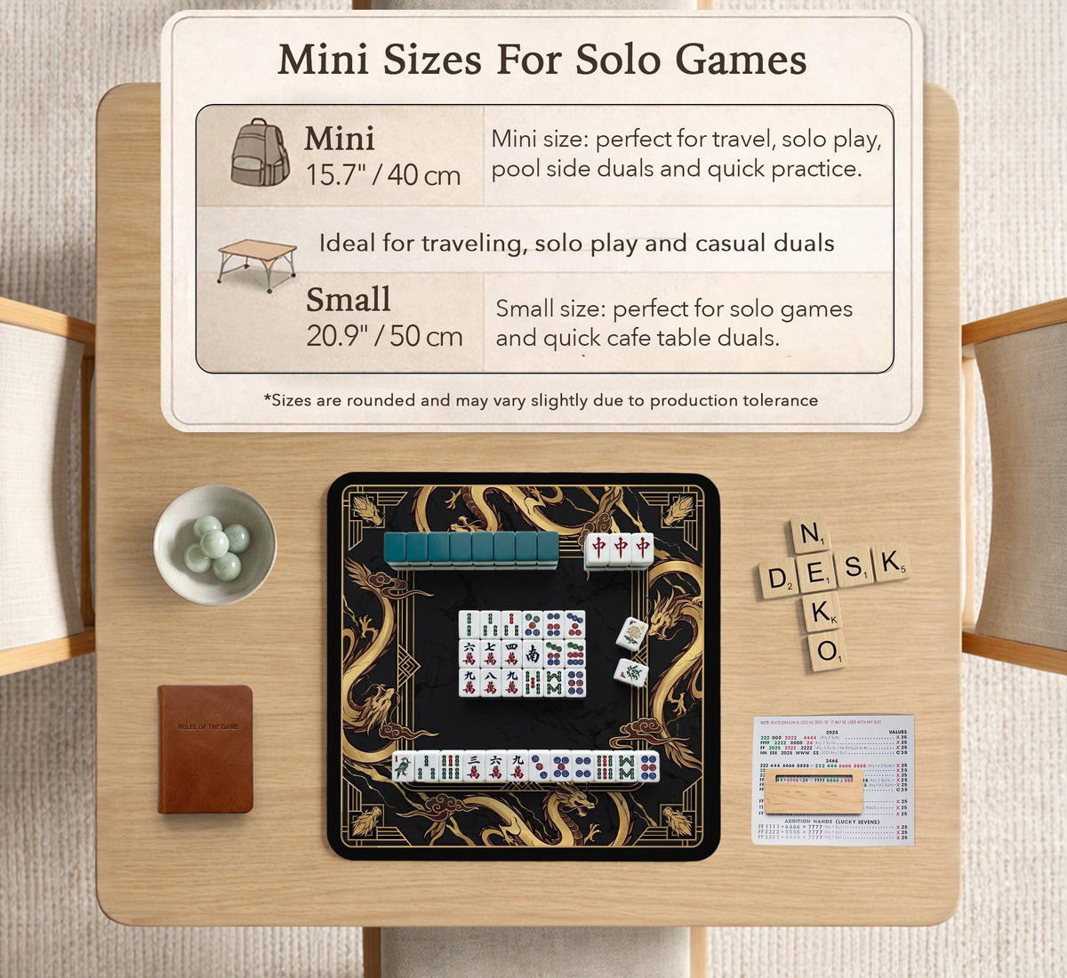 Black mahjong table mat with a gold dragon border, gold geometric corner details, and a clear center play area.