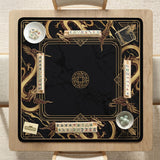 Square black mahjong mat with gold dragon artwork around the border and a light marble texture in the center.