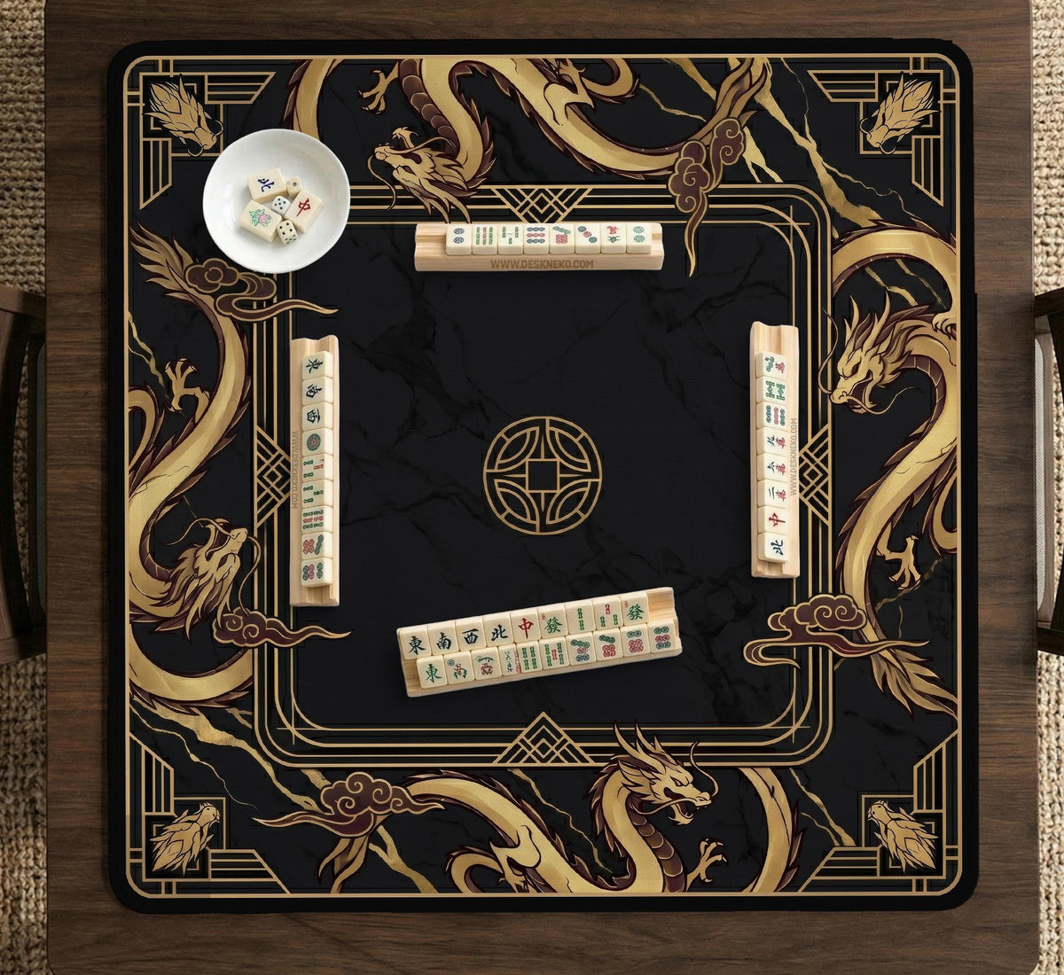 Black mahjong table mat with a gold dragon border, gold geometric corner details, and a clear center play area.