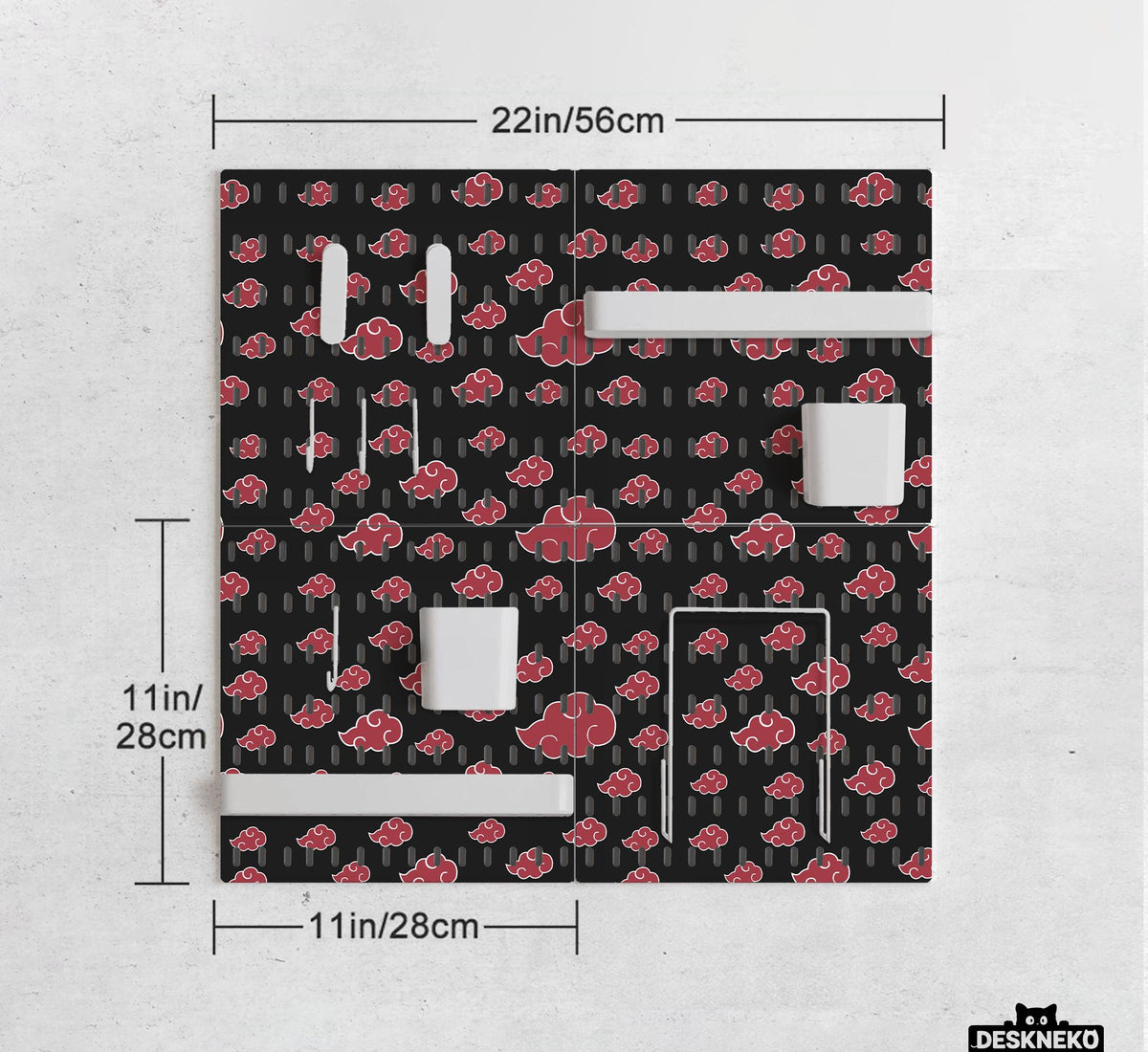 Black pegboard panels with red cloud pattern, shown with hooks, shelves, containers, clips, and a letter holder.