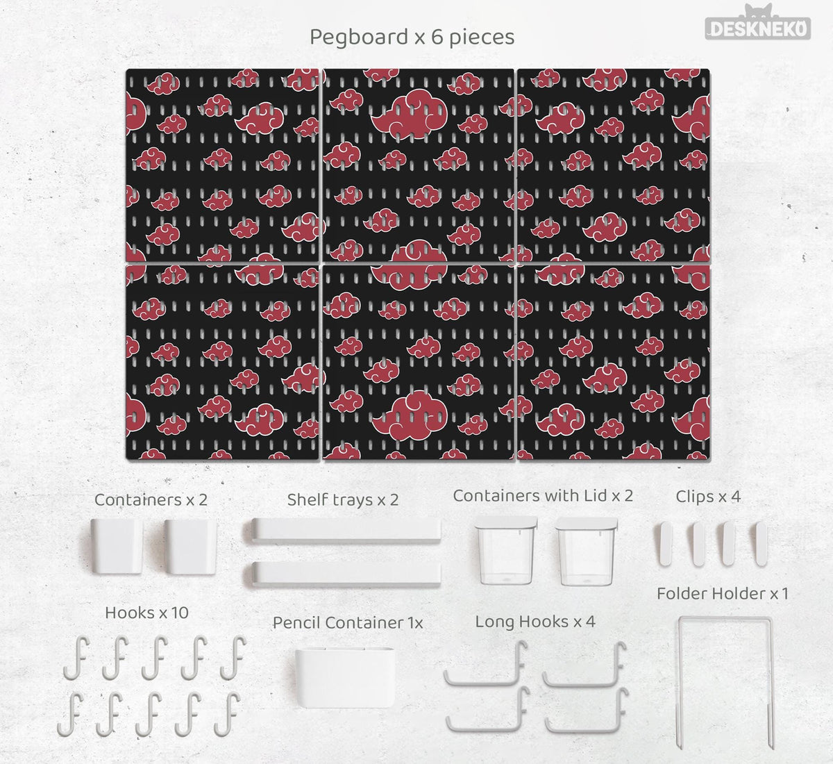 Black pegboard panels with red cloud pattern, shown with hooks, shelves, containers, clips, and a letter holder.