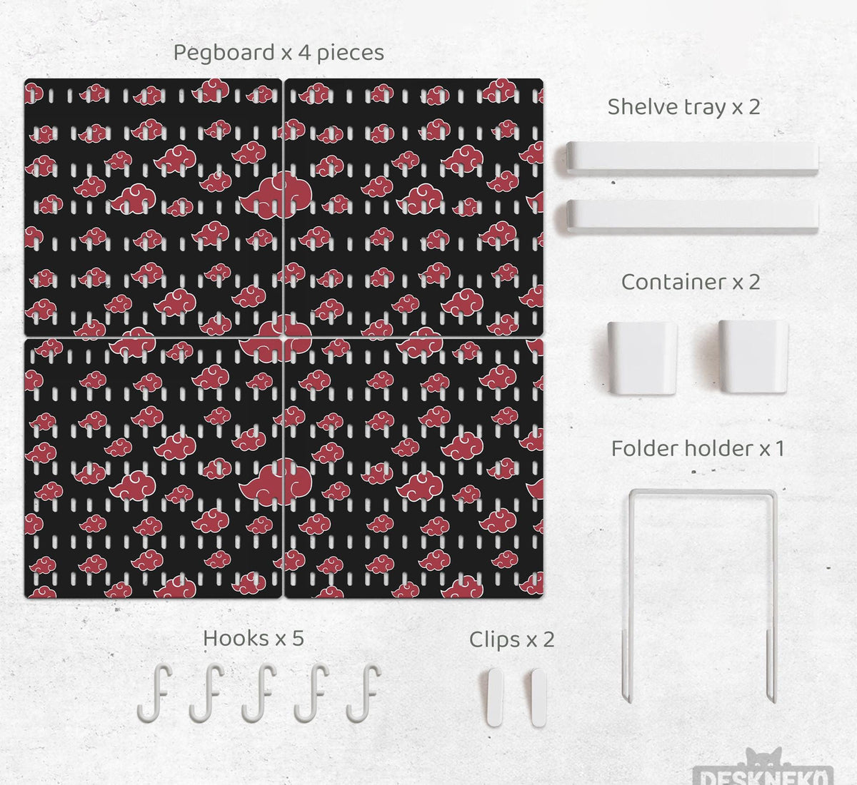 Black pegboard panels with red cloud pattern, shown with hooks, shelves, containers, clips, and a letter holder.