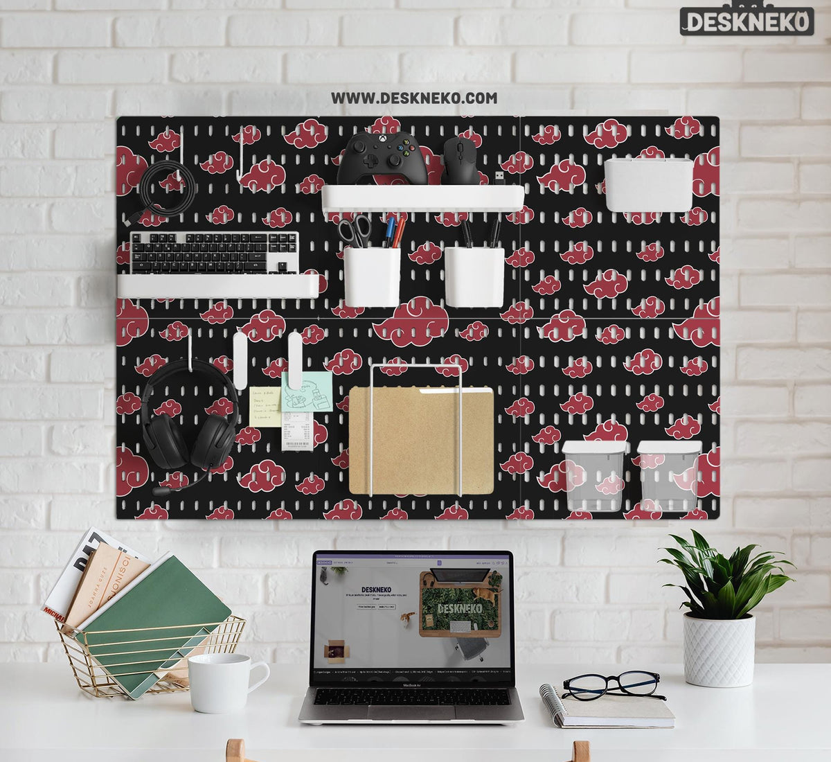 Black pegboard panels with red cloud pattern, shown with hooks, shelves, containers, clips, and a letter holder.