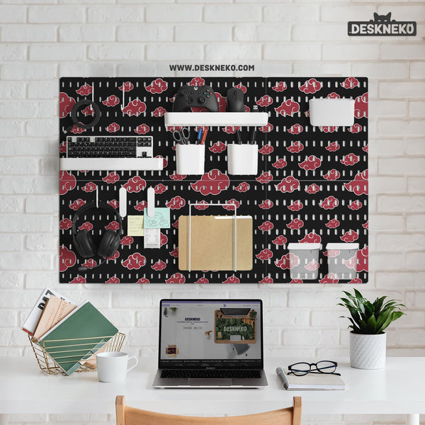 Black pegboard panels with red cloud pattern, shown with hooks, shelves, containers, clips, and a letter holder.