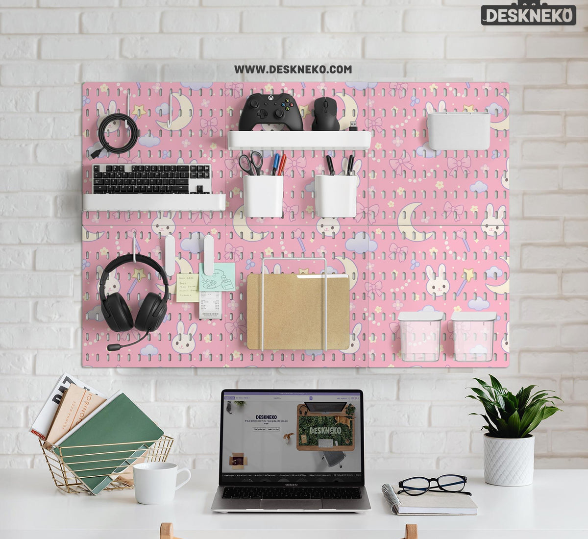 Pink pegboard panels with a kawaii bunny, cloud, moon, bow, and star pattern shown as a wall organizer set.