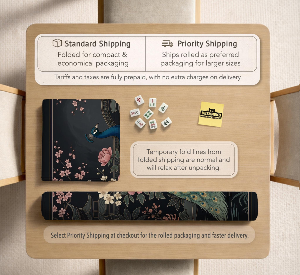 Square black mahjong mat with a gold peacock, blush flowers, and dark botanical artwork on a dark background.