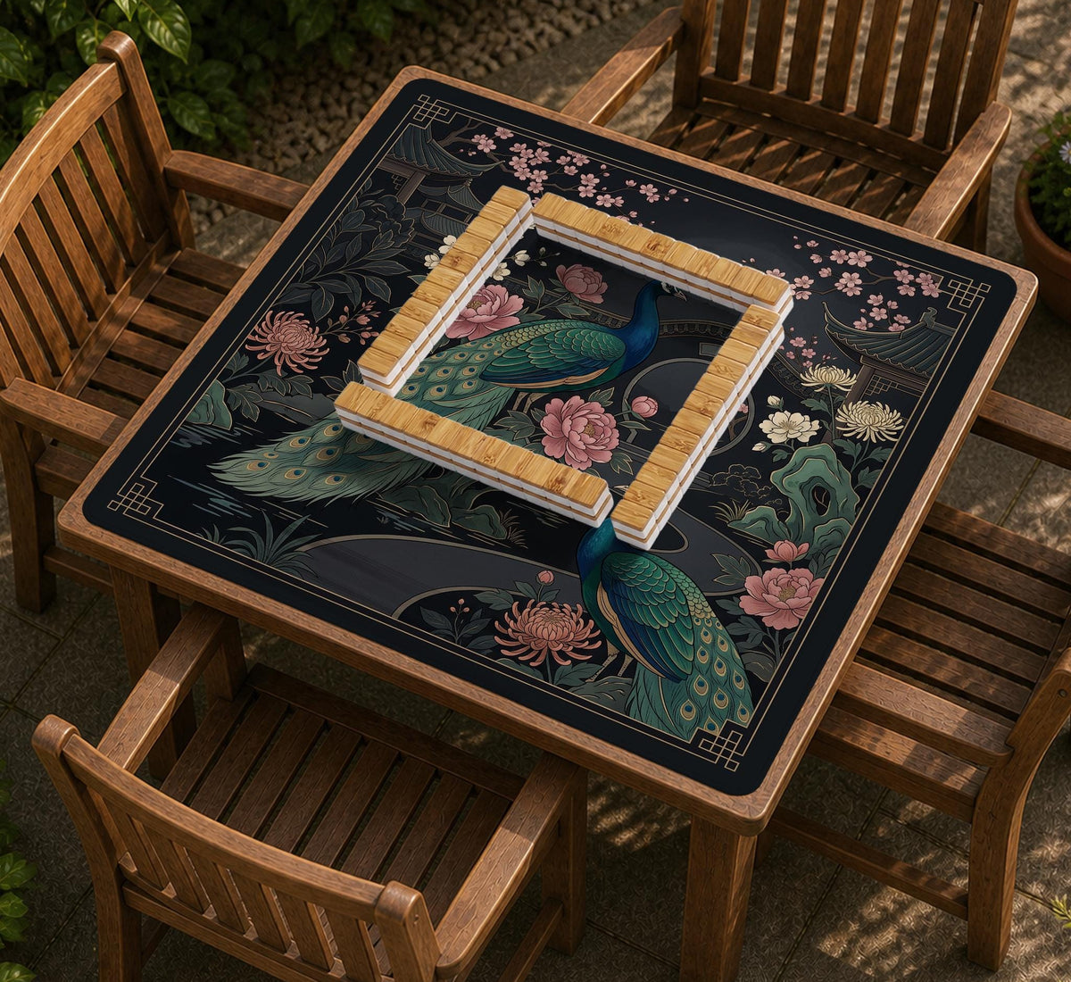 Square black mahjong mat with a gold peacock, blush flowers, and dark botanical artwork on a dark background.