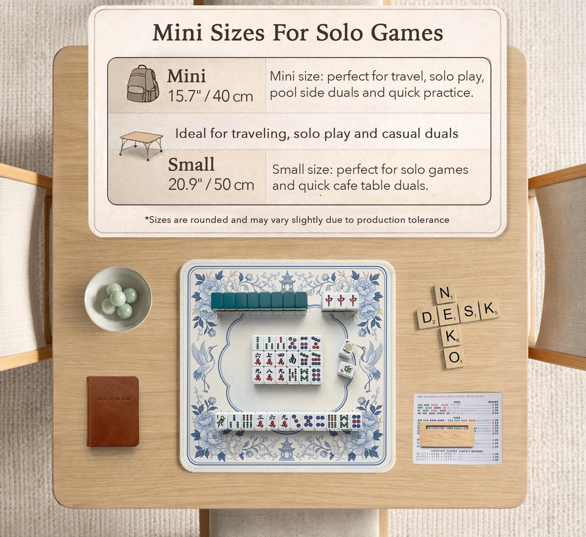 Square mahjong mat with a blue chinoiserie floral pattern on a light background.