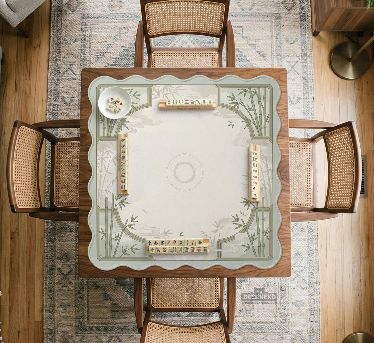 Square light green mahjong mat with bamboo stalks, soft ivory details, botanical shadows, mist lines, and a circular center design.