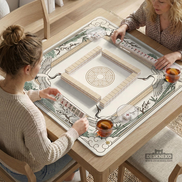 Square mahjong table mat with a cream center and a border design of cranes, bamboo, plum blossoms, and a geometric frame in sage green and warm gold.