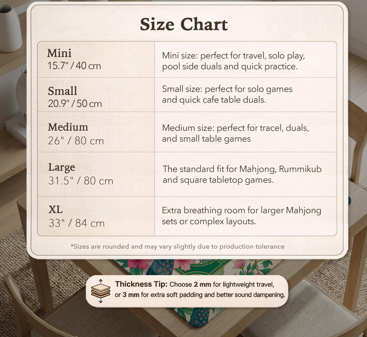 Green mahjong mat with peacocks, hibiscus flowers, tropical leaves, cream center space, and a scalloped floral border.